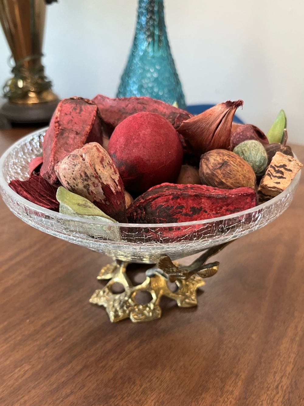 Vintage Brass Cherubs Crackled Glass Potpourri Bowl